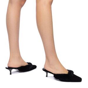 NEW LARROUDE Handmade In Brazil Suede Amal Faux Fur Kitten Heel Mules 925 13t7